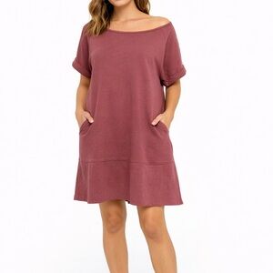 Free People Dusty Rose Sweatshirt Dress Drop Waist Pocket Slouchy Large- beach